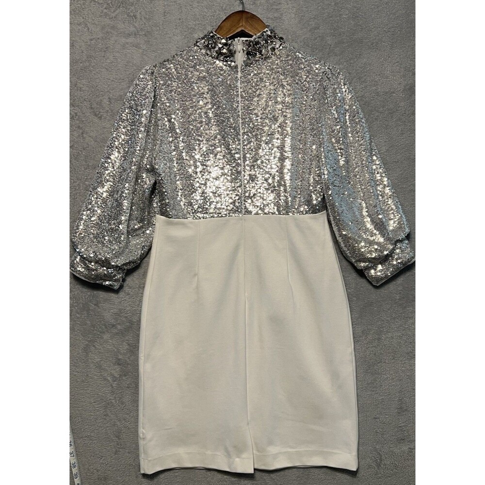 BOSTON PROPER NWOT Silver Sequined Sheath WhiteCocktail Dress - SZ 10 PARTY CHIC - Picture 2 of 11